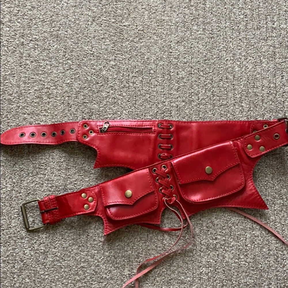 Red Leather Pocket Utility Belt Bag Fringe 32”-42”